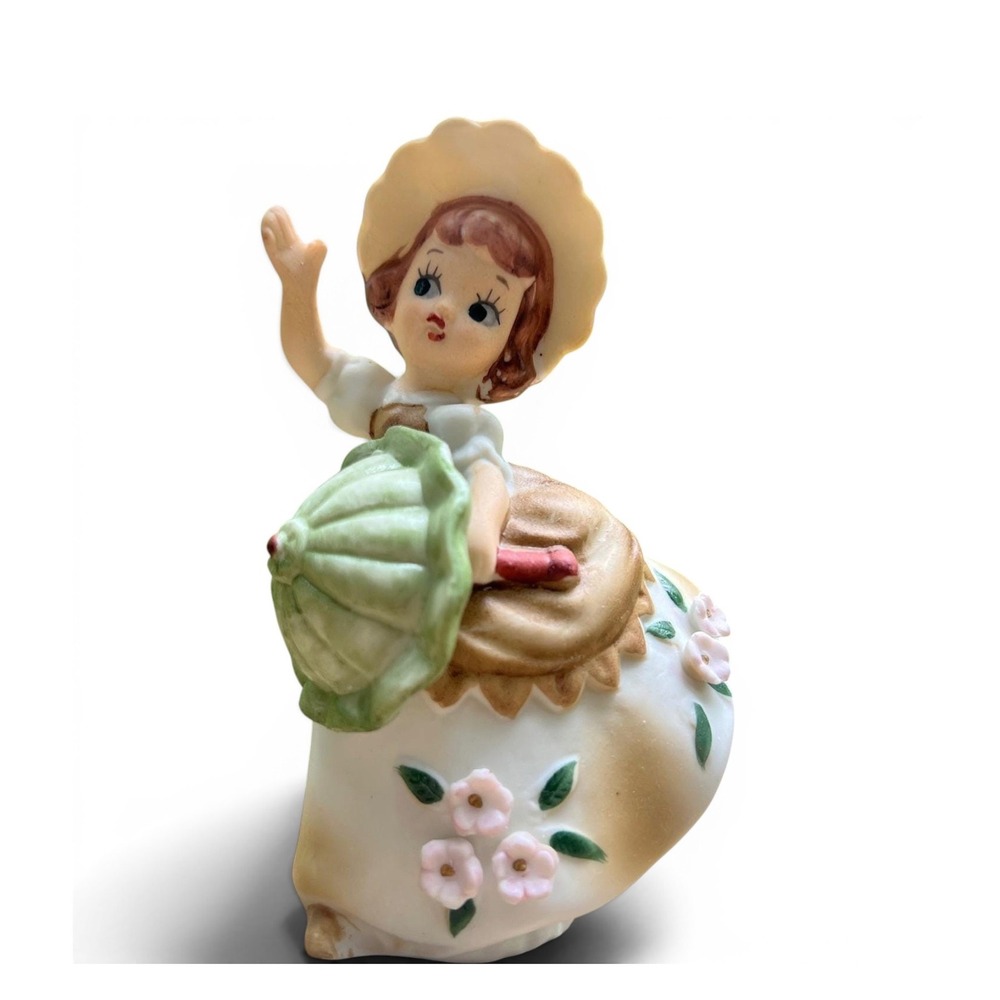 Vintage 1950s Japan Umbrella Girl Figurine Ceramic Waving Parasol Mold 5867